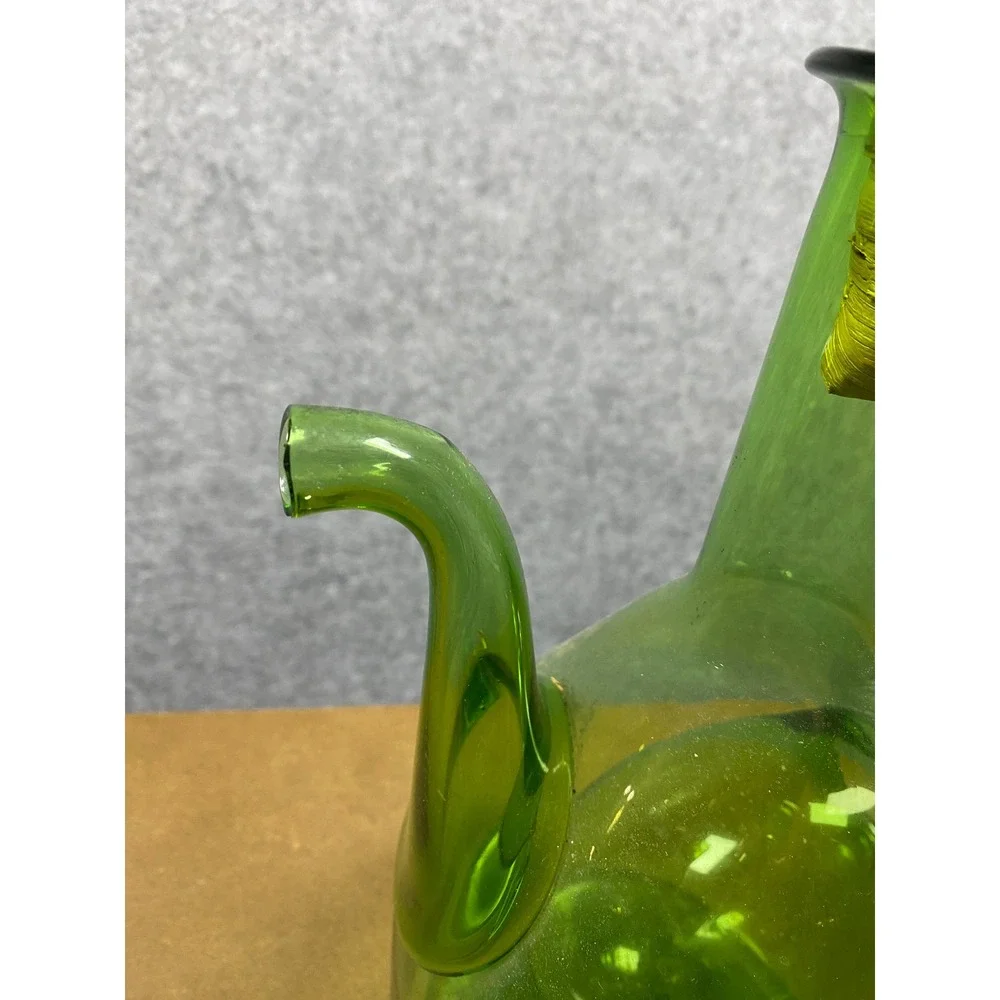 Vintage Green Hand Blown Glass Wine Decanter Porron with Ice Chamber and Stopper